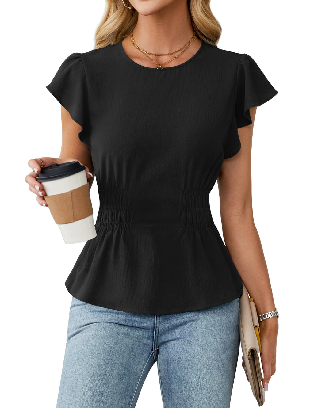 Blooming Jelly Women's Dressy Casual Blouses Business Ruffle Short Sleeve Tops Summer Crew Neck Smocked Shirts