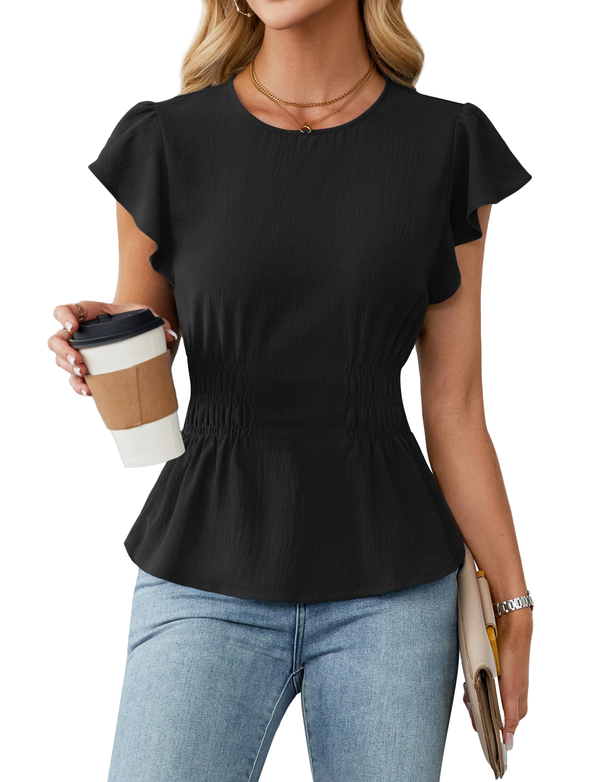 Blooming Jelly Women's Dressy Casual Blouses Business Ruffle Short Sleeve Tops Summer Crew Neck Smocked Shirts