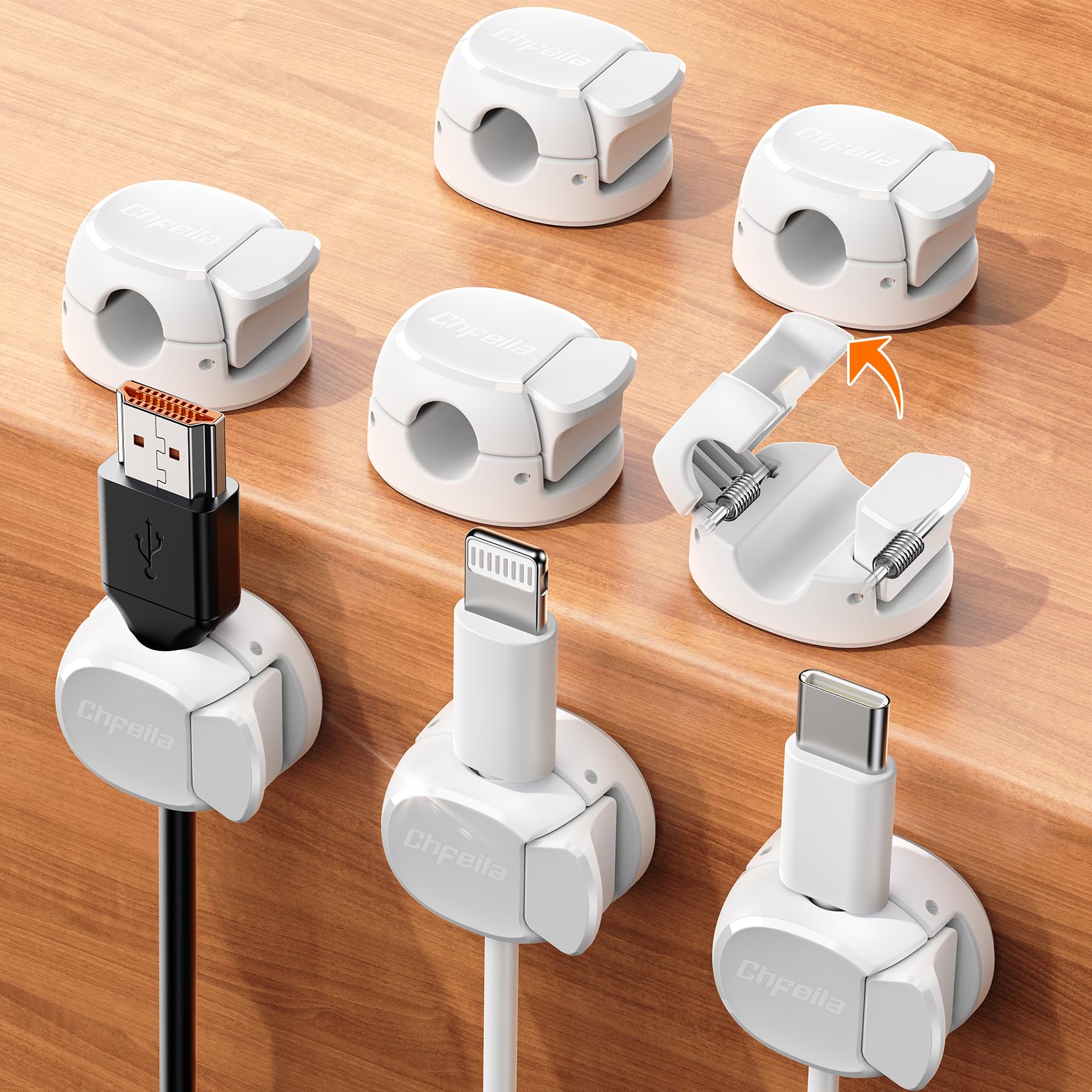Cable Clips - Chfeila Latest Dual Spring Cord Organizer with Clasp Lock, 6Pack [Max Stability] Desk Cable Management, Adhesive Phone Charging Wire Holder for Nightstand/Car/Wall, Office Accessory