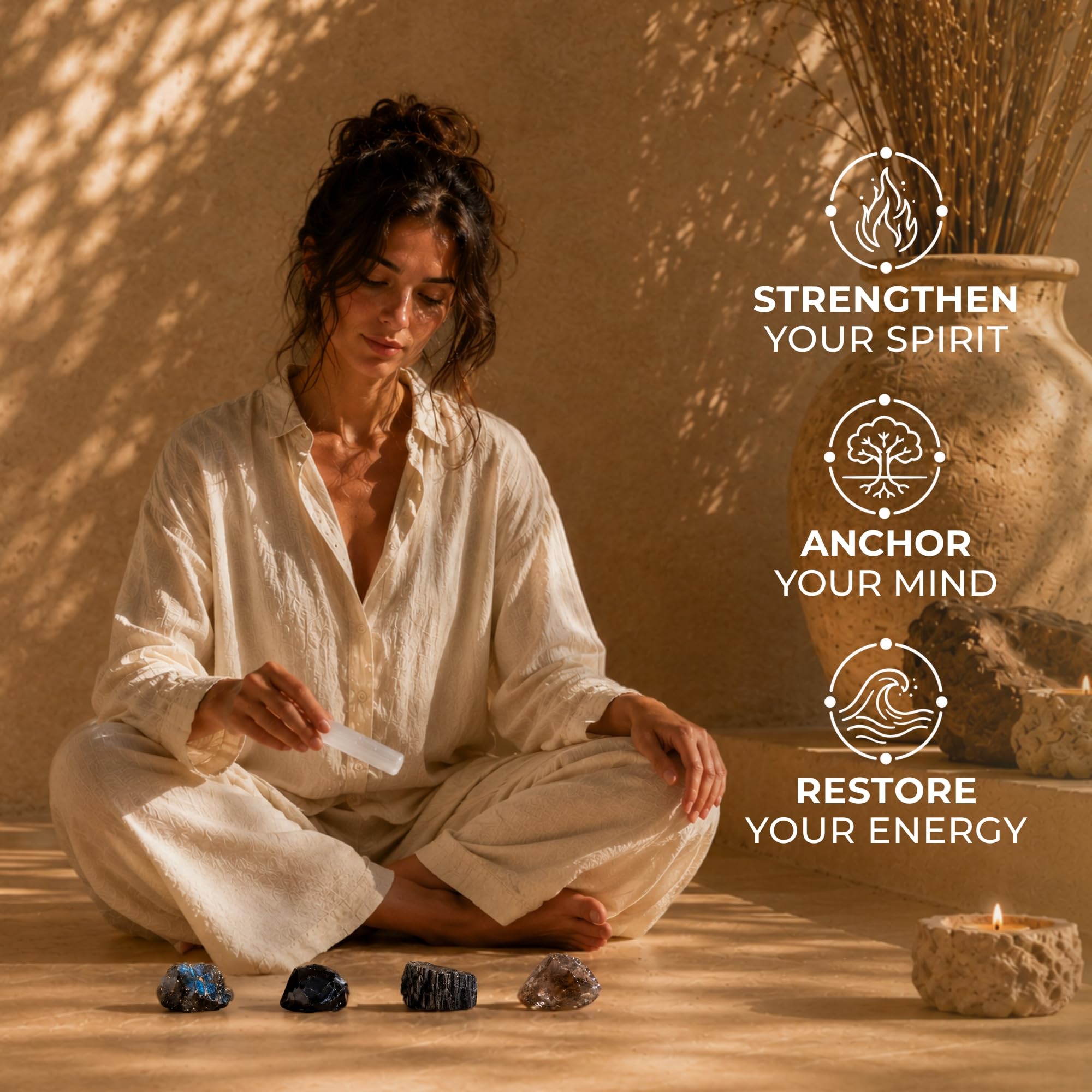 Anima Premium 7 Chakra Healing Crystals Set for Energy Alignment - Large Raw Amethyst, Rose Quartz, Citrine, Lapis Lazuli, Clear Quartz, Tigers Eye & Red Jasper - Wooden Gift Box & Guidebook Included