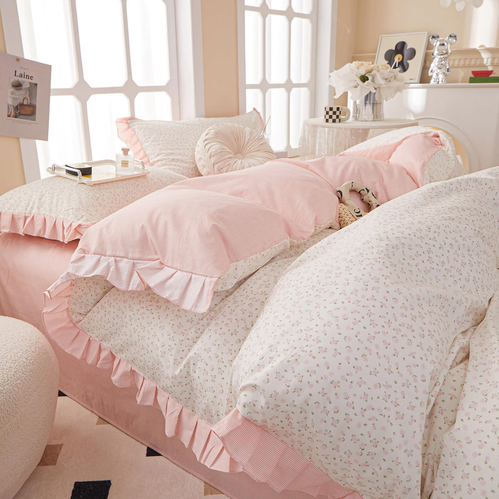 Pink Flower Duvet Cover Twin Chic Floral Print Ruffle Duvet Cover Cotton Lace Comforter Cover Country Style Floral Bedding Set Romantic Ruffle Comforter Cover Flower Bedding Cover with 2 Pillowcases