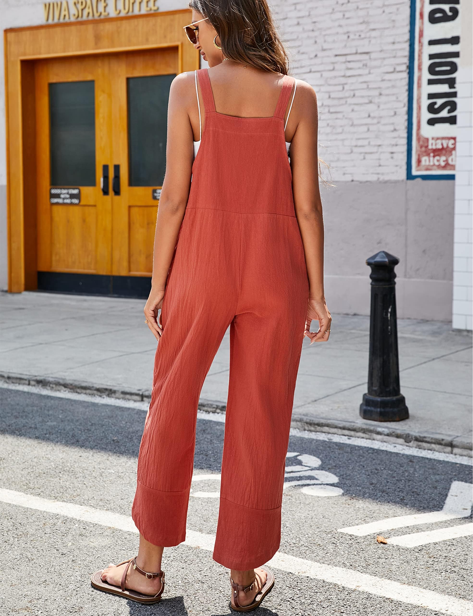 APAFES Women Summer Sleeveless Cotton Linen Bib Overalls Tulip Baggy Capri Jumpsuits with Pockets