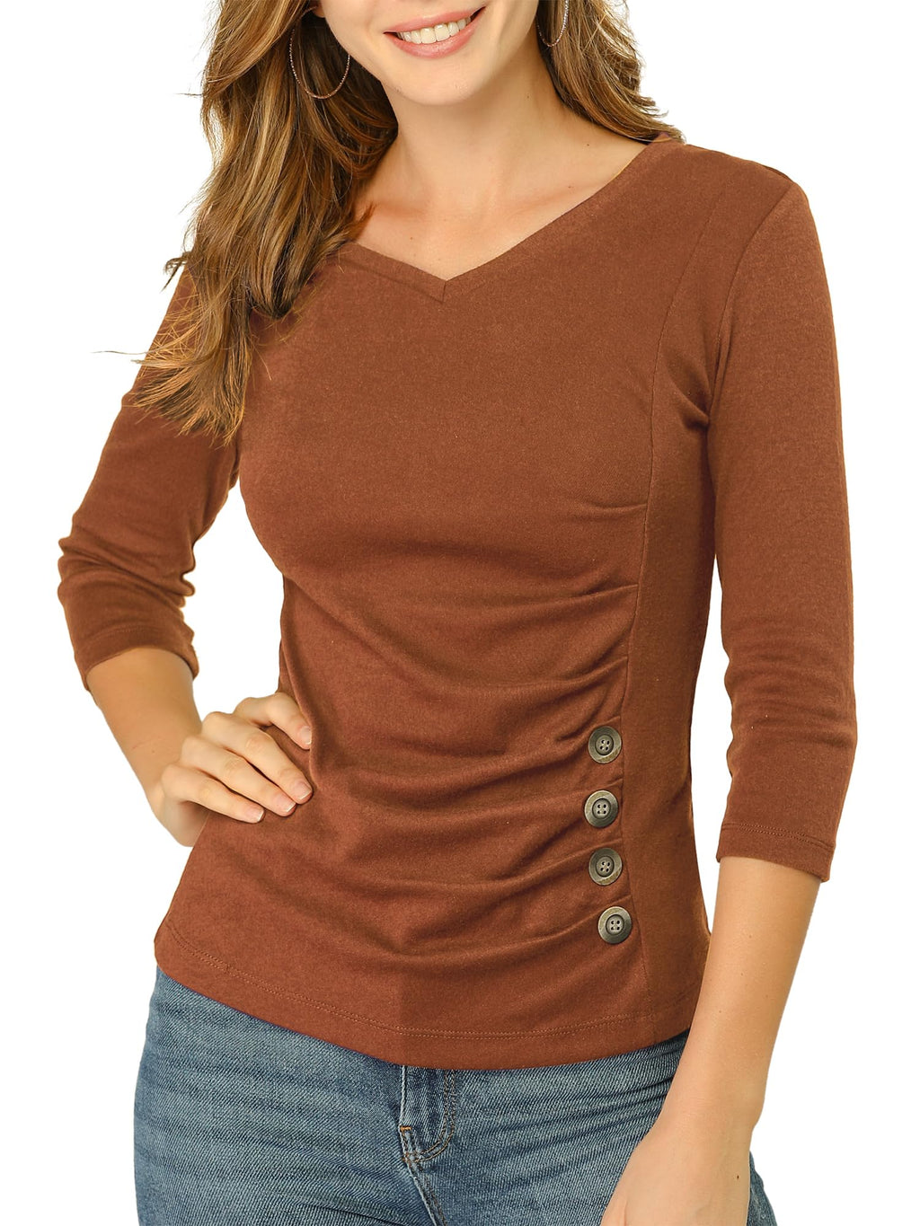 Allegra K Women's V Neck Tops 3/4 Sleeves Solid Knitted Buttons Decor Ruched Blouse