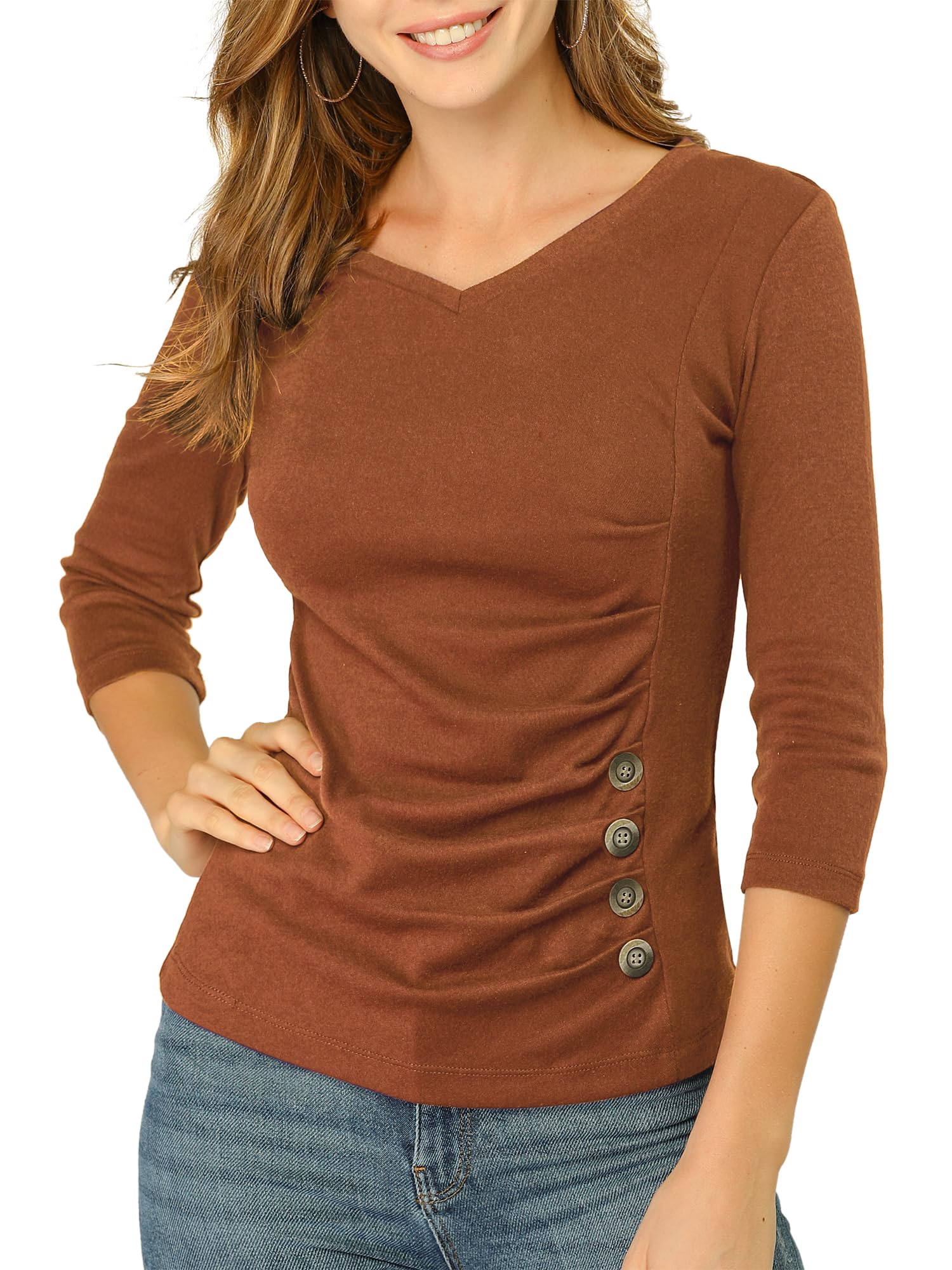 Allegra K Women's V Neck Tops 3/4 Sleeves Solid Knitted Buttons Decor Ruched Blouse