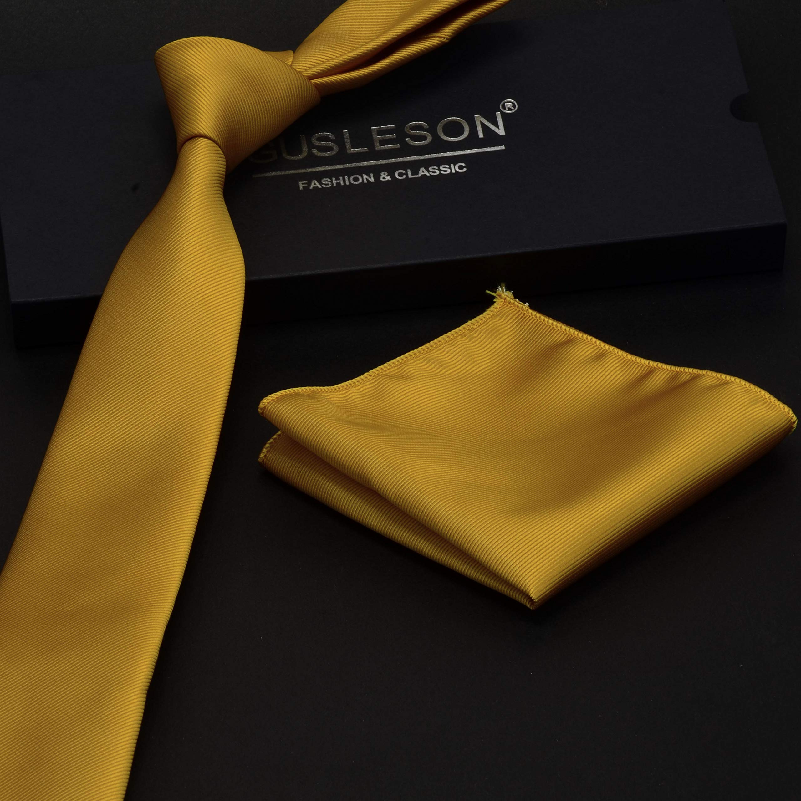 GUSLESON 2.4" Slim Necktie and Handkerchief Set For Men Solid Skinny Tie Set