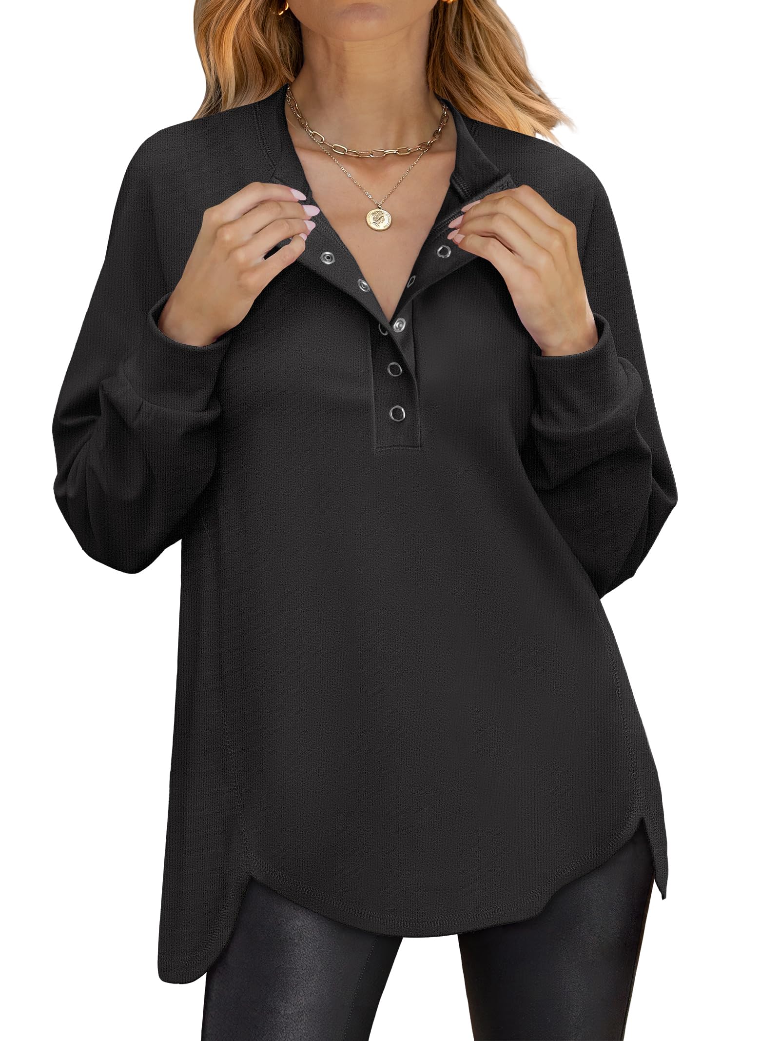 ANRABESS Women's Long Sleeve Henley Oversized Sweatshirts | Button Slit Hem Tunic Tops, Soft Loose Fit Pullover, School Work Office Outfits, Lounge Casual, Fall Winter Clothes
