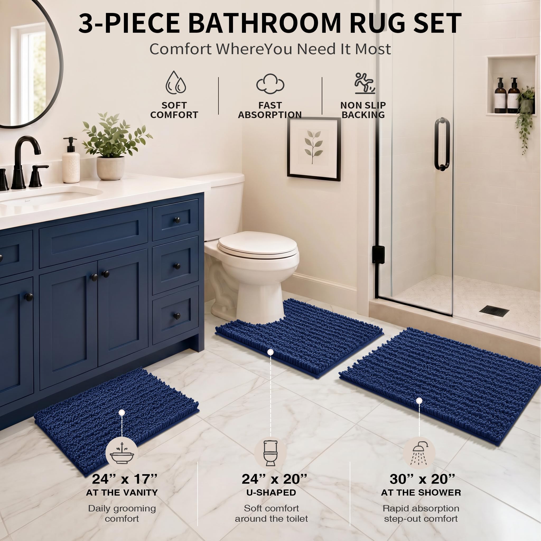 Yimobra Black Bathroom Rug Set 3 Piece - Super Absorbent Quick Dry Chenille Bath Mats & Toilet Rug, Non Slip Machine Washable, Extra Thick Shaggy Floor Mat for Shower Tub Sink