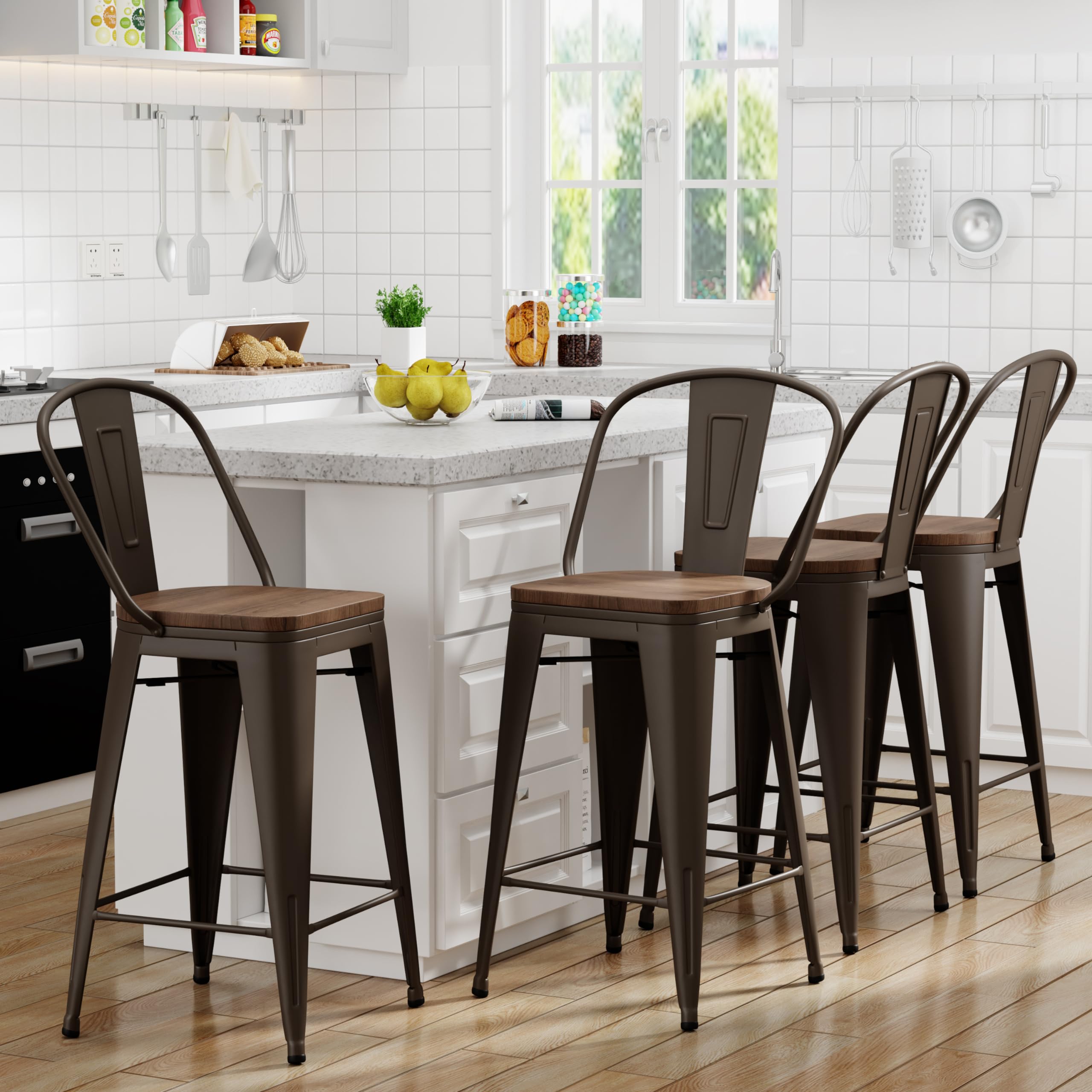 Barstools Set of 4 Counter Height Bar Stools for Kitchen Island Farmhouse Metal High Back Bar Chairs Wooden Seat 24" Matte Black