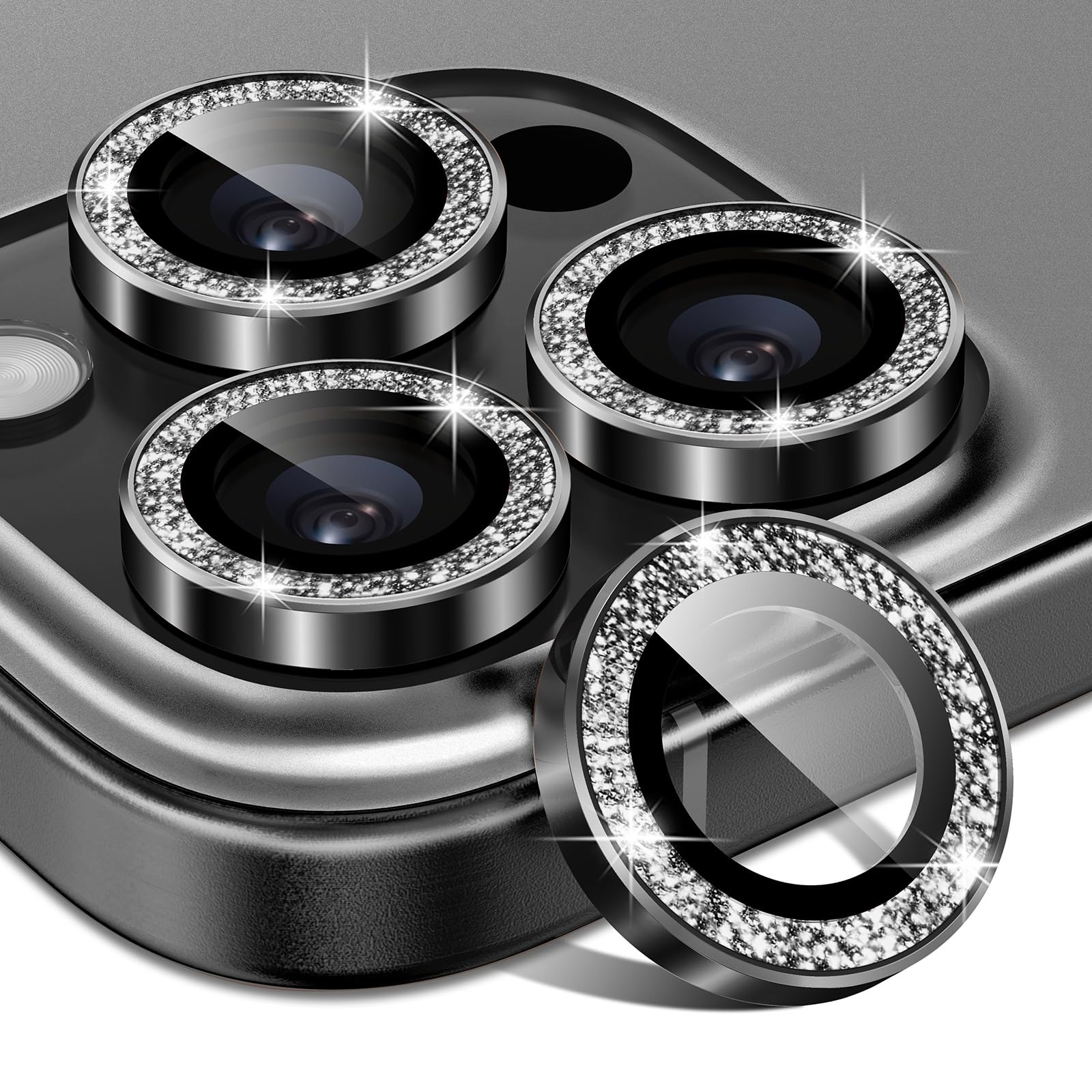 Matekxy Glitter Camera-Lens Protector for iPhone-16 Pro-Max - 16 Pro Anti-Scratch Tempered Glass with Aluminum Edging, Cute Girly Metal Individual Bling Ring Cover for Women, Black Titanium
