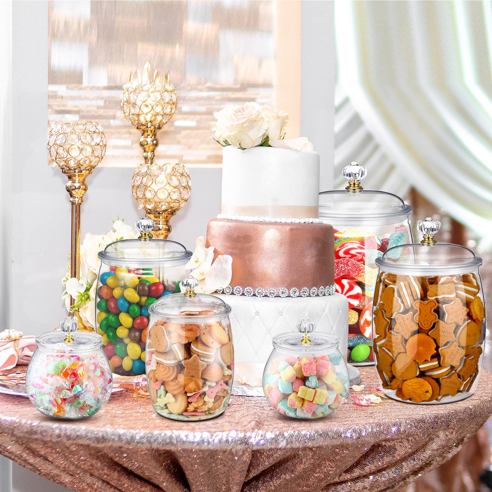 Nuogo 6 Pcs Plastic Candy and Cookie Jar with Lids Decorative Apothecary Jars Candy Buffet Containers Clear Airtight Food Storage Canister Home Decoration(42 oz,Classic)