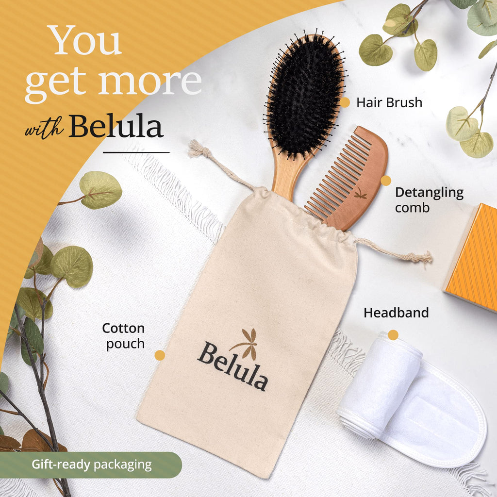 Premium Boar Bristle Hair Brush for Thick Hair Set. Hairbrush for Women With Thick, Long or Curly Hair. Restores Hair's Shine and Health. Comb, Travel Bag & Spa Headband Included