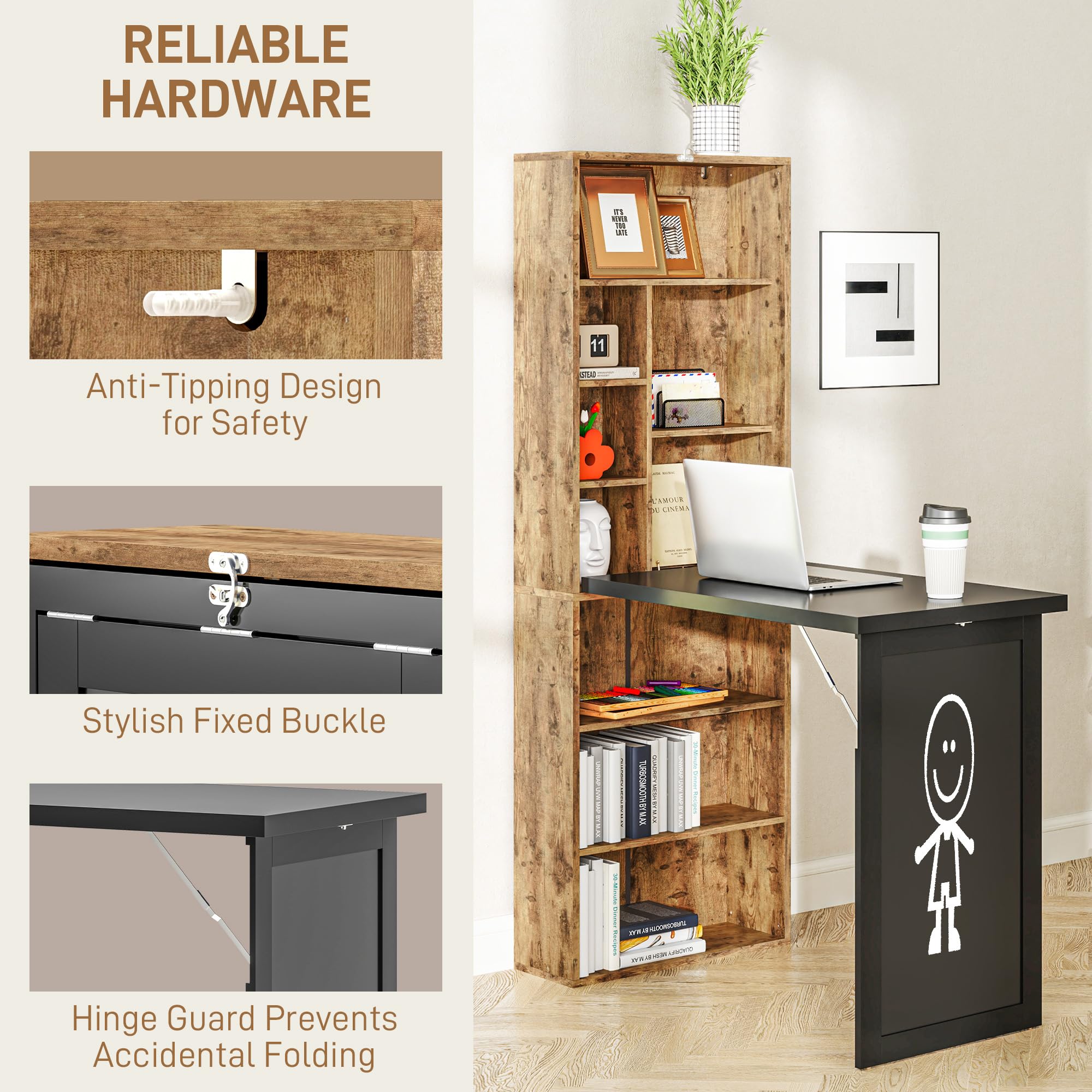 HOMCOM Foldable Convertible Writing Table, Wall Mounted Space-Saving Computer Desk with Chalkboard and Storage Shelves for Small Spaces, Home Office, Bedroom, Dorm, Apartment, Black