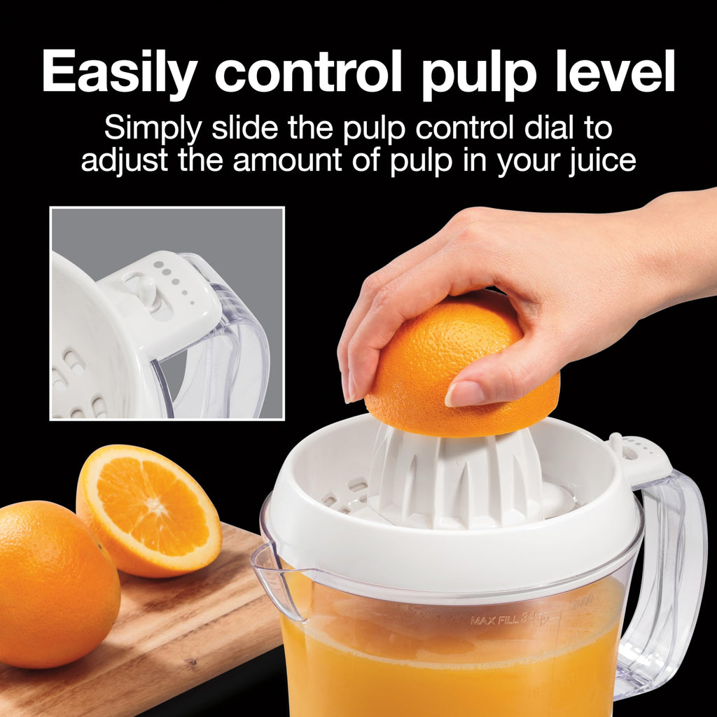 Proctor Silex Electric Citrus Juicer Machine, Large 34 oz. Pitcher, Pressure Activated, 2 Reamers for Big and Small Fruit, Pulp Control, for Orange, Lemon, Grapefruit Juice, White & Green (66340)
