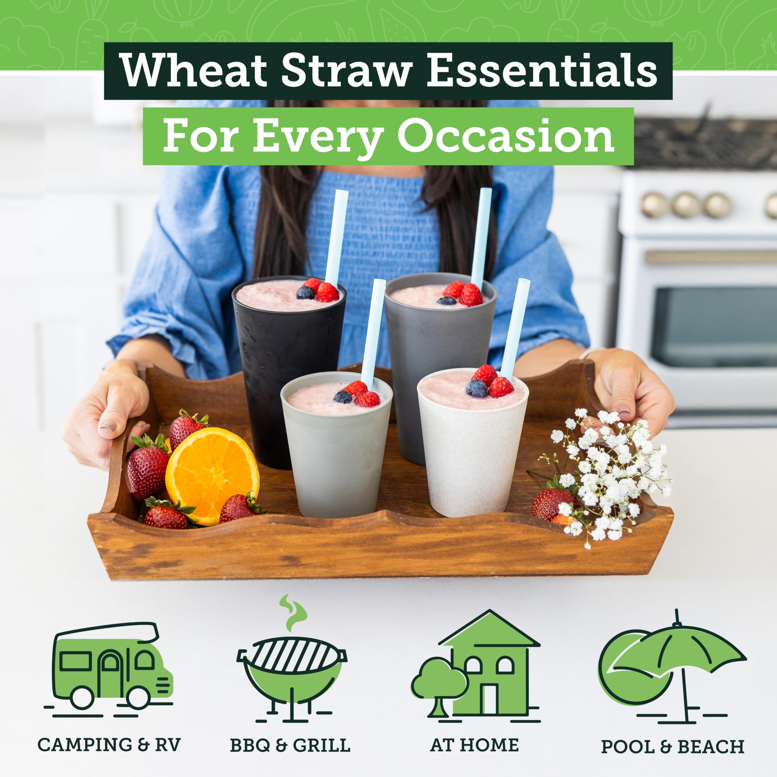 Grow Forward Premium Wheat Straw Cups - 13 & 20 oz Unbreakable BPA Free Hard Plastic Cups - Reusable Lightweight Plastic Drinking Glasses for Kitchen, Outdoor, Water, Camping, RV - Midnight