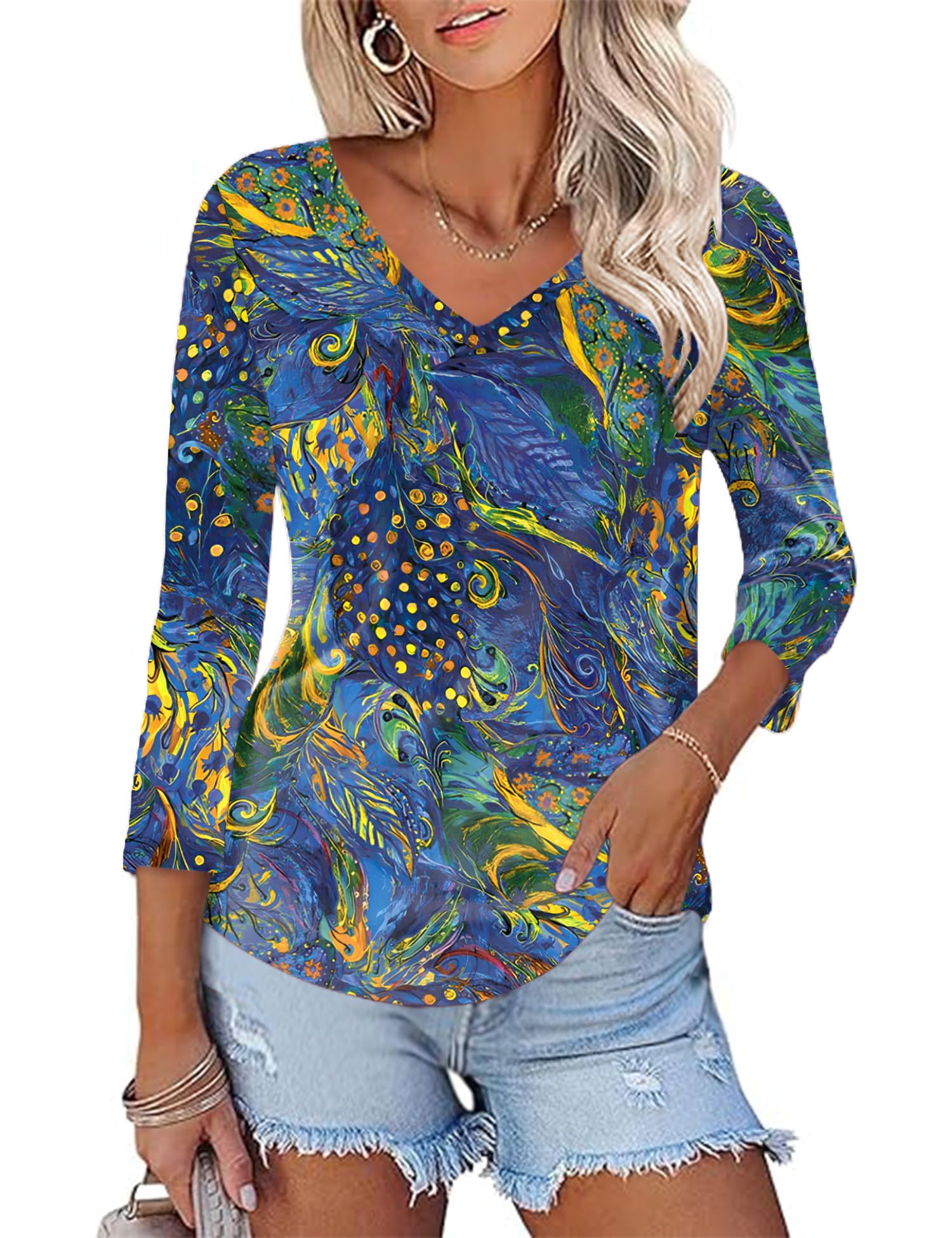 KTILG Women's V Neck T Shirts 3/4 Sleeve Blouse Summer Tops Dressy Casual Solid Basic Tees