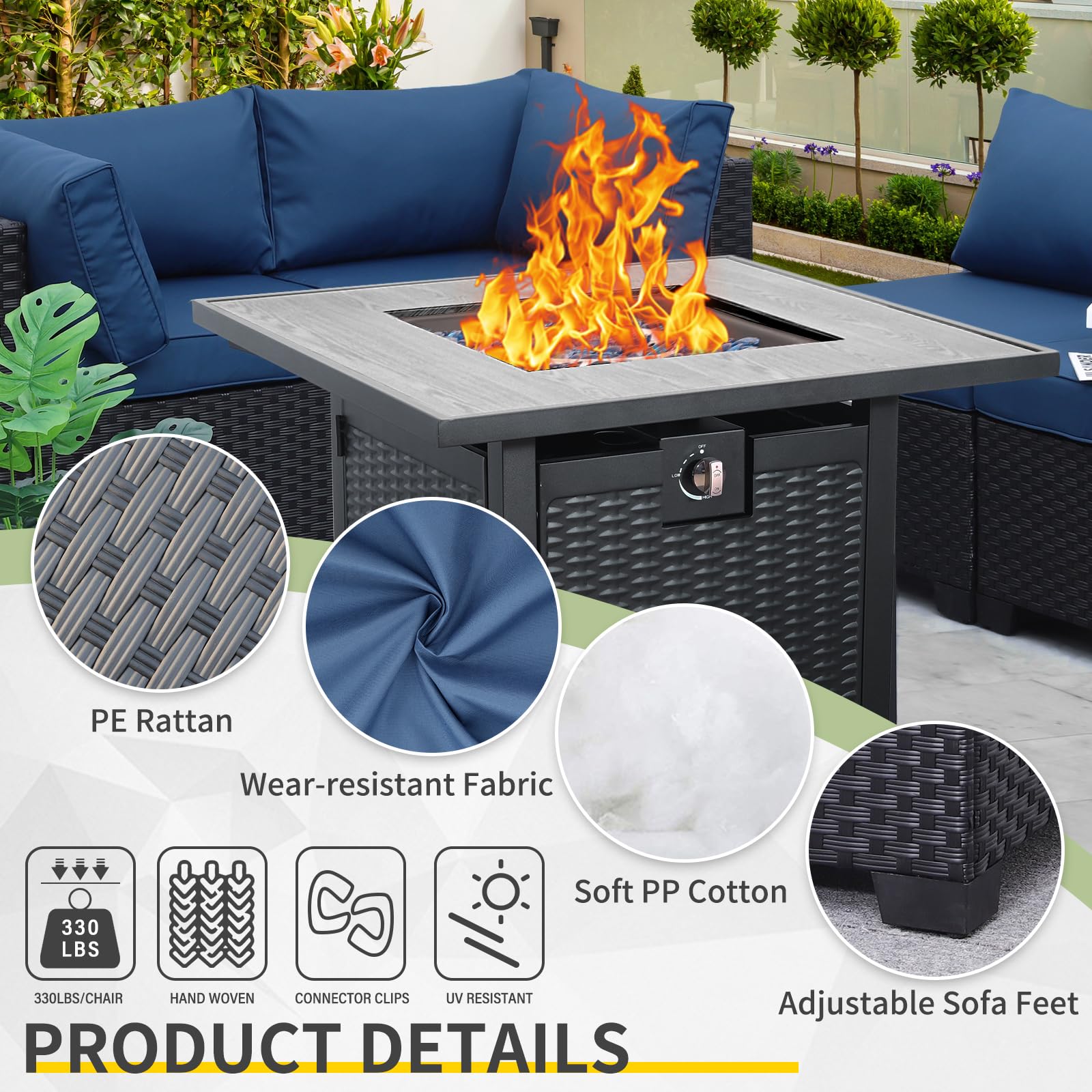 WAROOM Outdoor 5 Piece Patio Furniture Set, Black Rattan Conversation Couch Resin Wicker Sectional Sofa Outside Chair with Coffee Table, Grey Cushion
