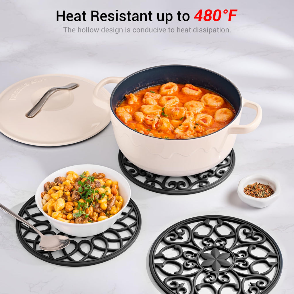 SMARTAKE 6 Set Silicone Trivet Mats for Hot Dishes, Heat Resistant Pots and Pans Holders, Non-Slip Flexible Hot Pads Coasters for Countertops Table, Modern Kitchen Decor Accessories (Black)