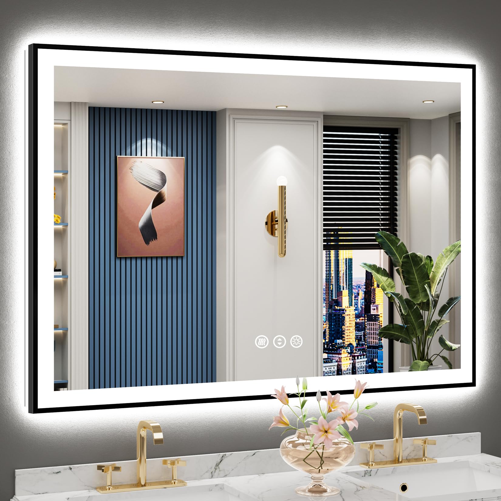 24x32 Black Framed LED Bathroom Mirror with Lights, Backlit and Front Lit Anti-Fog Lighted Vanity Mirrors for Bathroom Wall, Dimmable, 3 Colors, Memory, HD Tempered Glass, Horizontal/Vertical