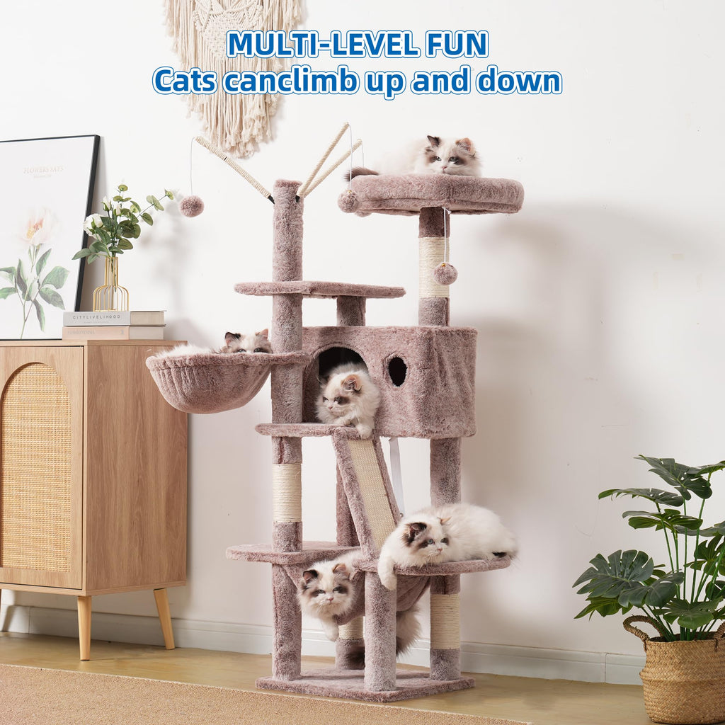 Hey-brother Cat Tree, 53 inch Cat Tower for Indoor Cats, Cat House with Padded Platform Bed, Toy Balls, Large Cozy Condo, Hammocks and Sisal Scratching Posts, Beige MPJ019-SM