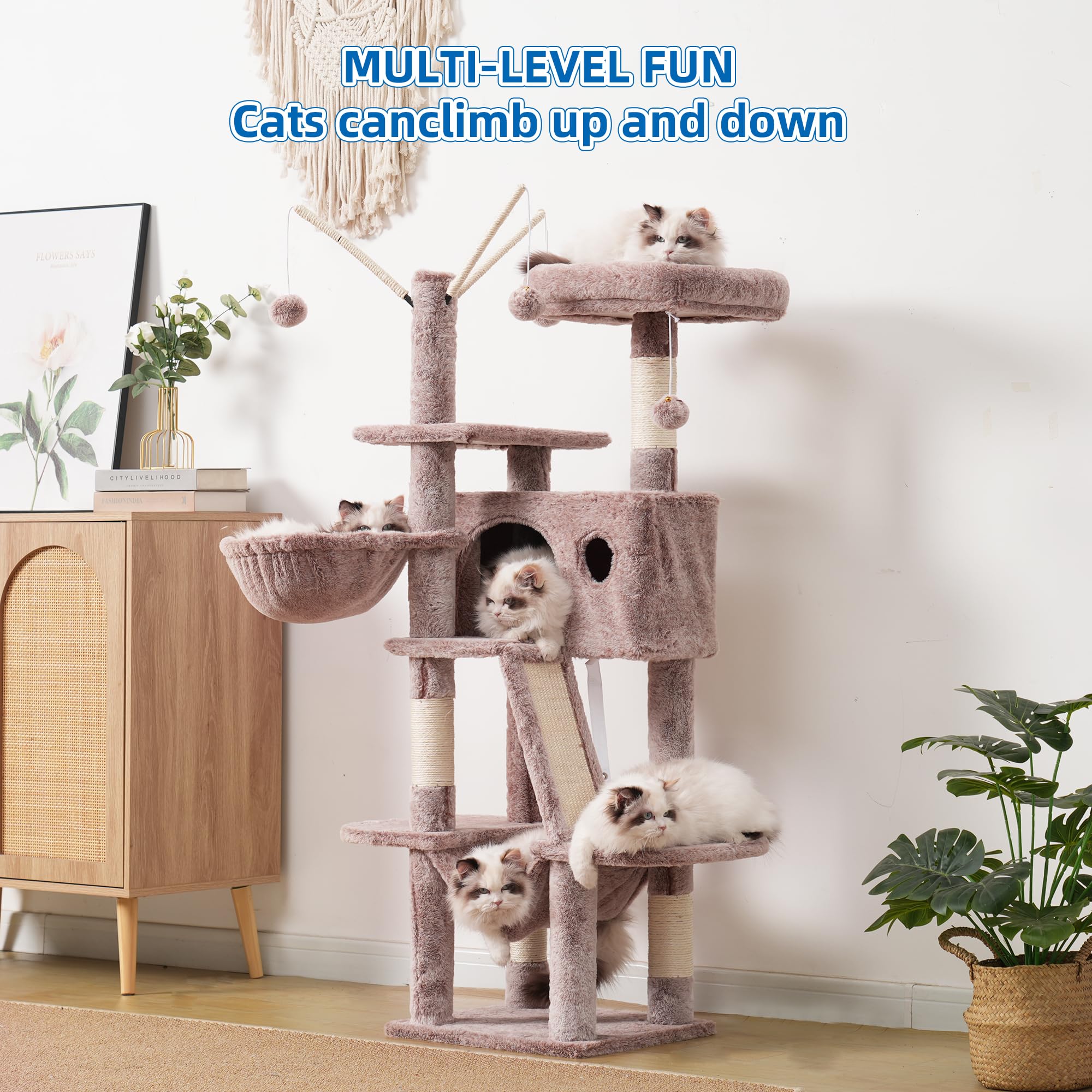 Hey-brother Cat Tree, 53 inch Cat Tower for Indoor Cats, Cat House with Padded Platform Bed, Toy Balls, Large Cozy Condo, Hammocks and Sisal Scratching Posts, Beige MPJ019-SM