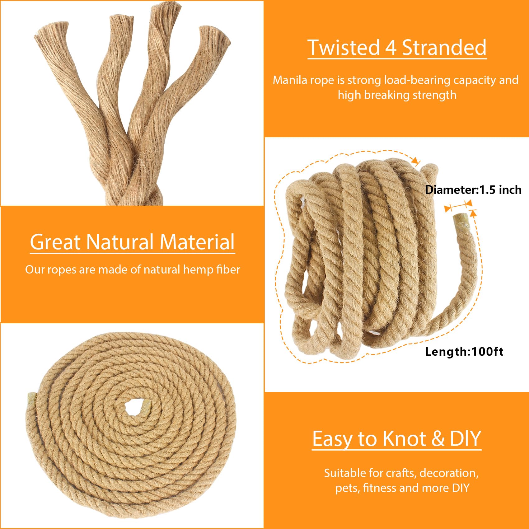 Manila Rope 2 Inch X 50 Ft, Thick Hemp Rope 4 Strand Twisted, Natural Hemp for Crafts Heavy Duty Multipurpose for Swing Bed, Camping, Tug of War, Docks, DIY Projects.