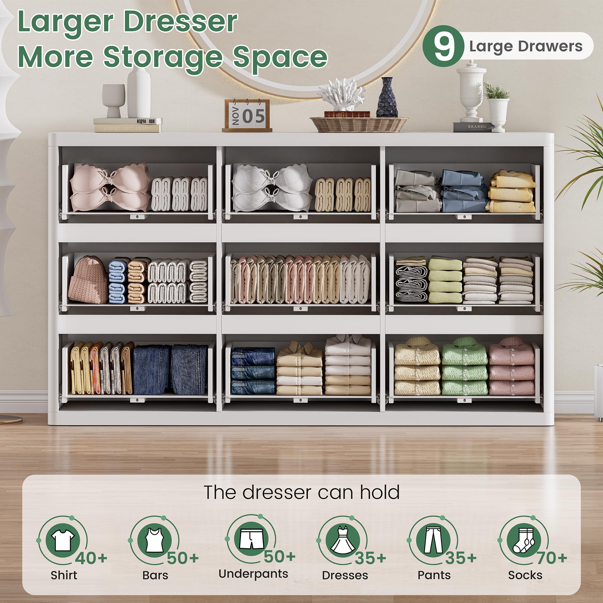 Standifurno Black 56" Tall Dresser for Bedroom, Fluted Modern 6 Drawers Deep Dressers, Wood Chest of Drawers with Handleless, Curved Profil Storage Closet Dressers for Bedroom, Living Room, Hallway