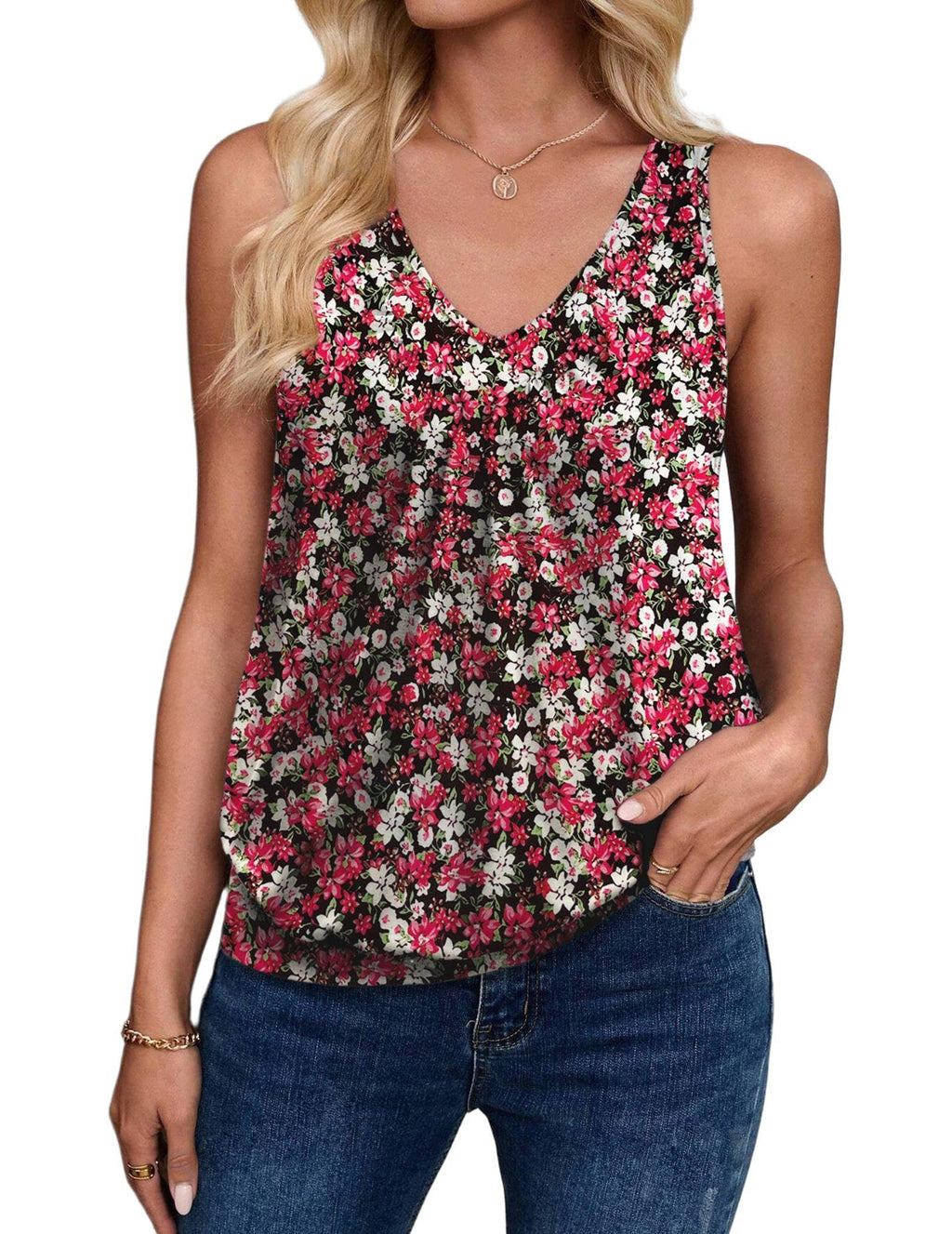 Zeagoo Womens Tank Tops Loose Fit V Neck Ruched Sleeveless Tops Casual Basic Banded Shirts S-XXL