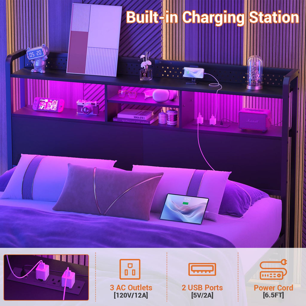 Unikito Headboard for Queen Size Bed with Storage Shelf, Head Board with 3 Outlets and 2 USB Ports, Headboards with RGB LED Light, Height Adjustable, Sturdy and Stable, Easy Assembly, Black