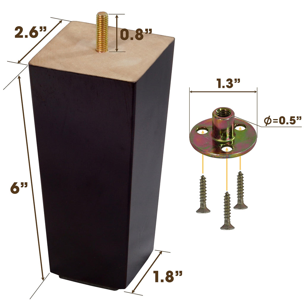 BARIEN (5 Sizes: 3"- 4"- 5"- 6"- 8") Set of 4 Wood Furniture Legs - Square Sofa Legs, Couch Leg - Brown Mid-Century Modern Replacement Legs for Armchair Recliner Coffee Table Dresser (3")