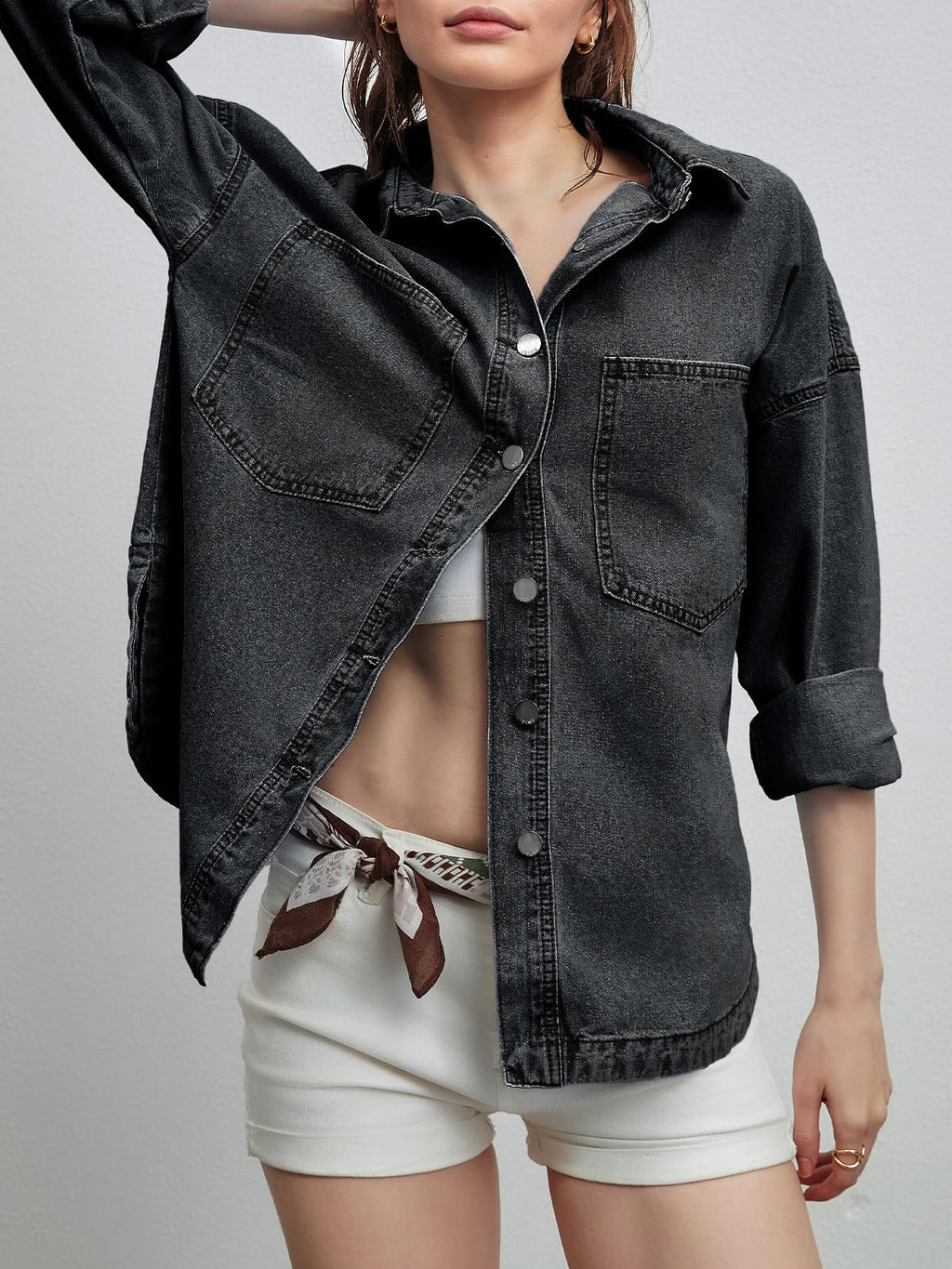 LifeShe Women Denim Shirt Jean Jacket Oversize Button Down Shirt Long Sleeve Jean Tops Trendy Shackets