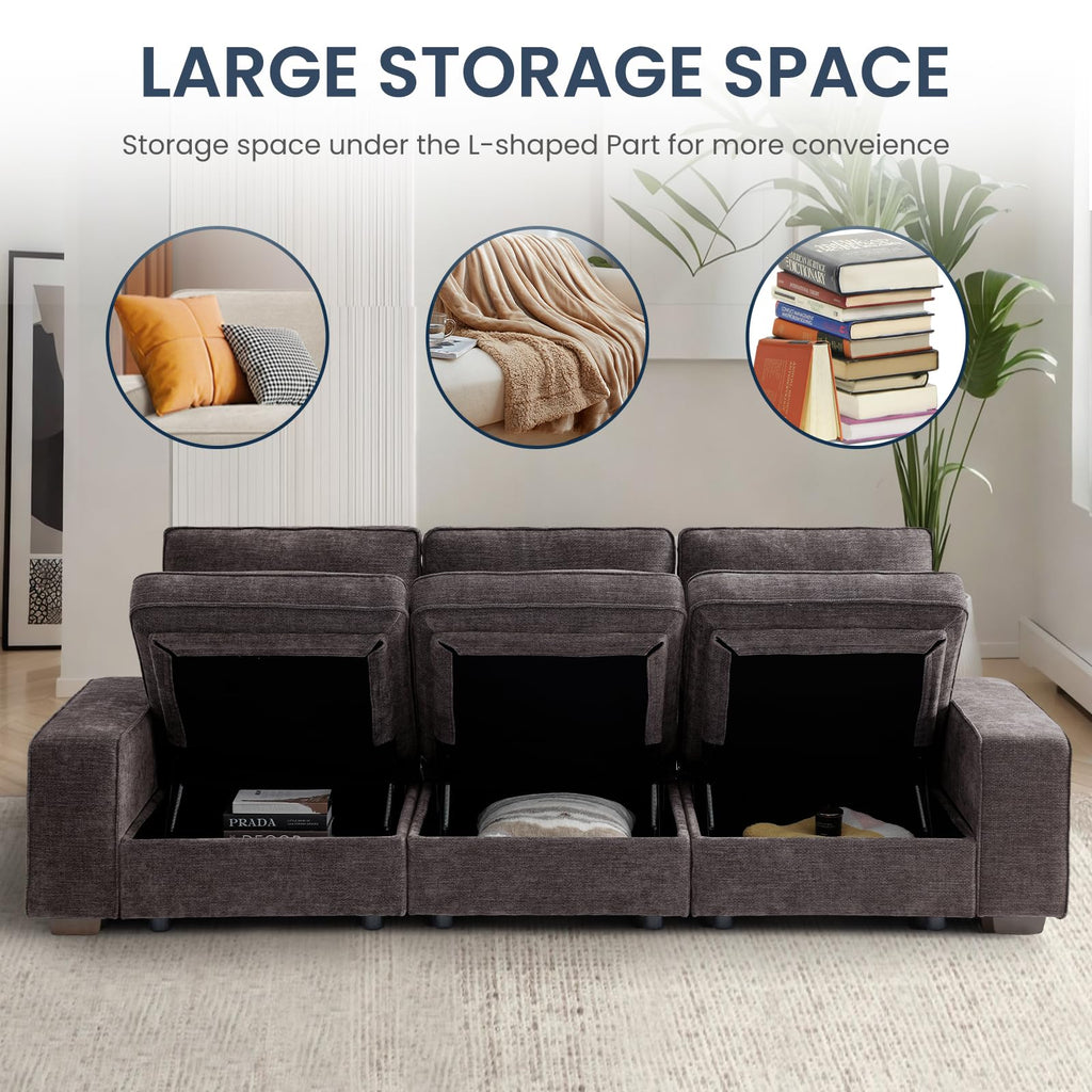 TEKAMON 100" Modular Sectional Sofa with Seats Storage, L Shaped Couch with Movable Ottoman for Living Room, Couch with Chaise, Solid Wood Frame, Spring Cushions, USB Port, Removable Covers, Beige