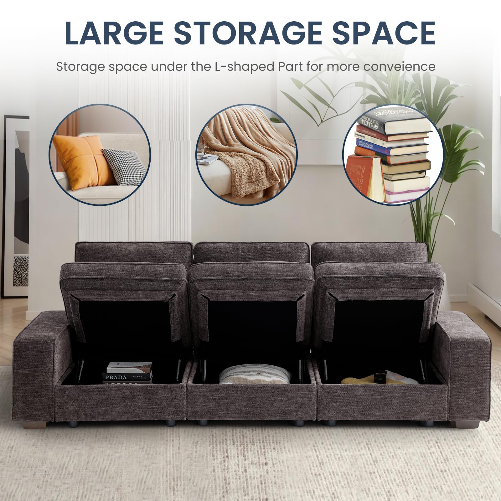 TEKAMON 100" Modular Sectional Sofa with Seats Storage, L Shaped Couch with Movable Ottoman for Living Room, Couch with Chaise, Solid Wood Frame, Spring Cushions, USB Port, Removable Covers, Beige