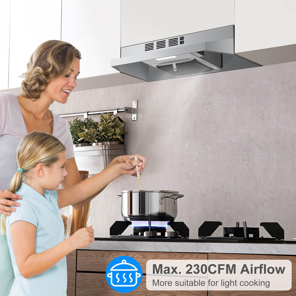 SNDOAS Black Range Hood 24 inch,Ducted/Ductless Range Hood Under Cabinet,Black Coating Stainless Kitchen Exhaust Hood with 2-speed Fan,230 CFM,Rocker Switch,Hard-wired Stove Vent, Ventless Hood