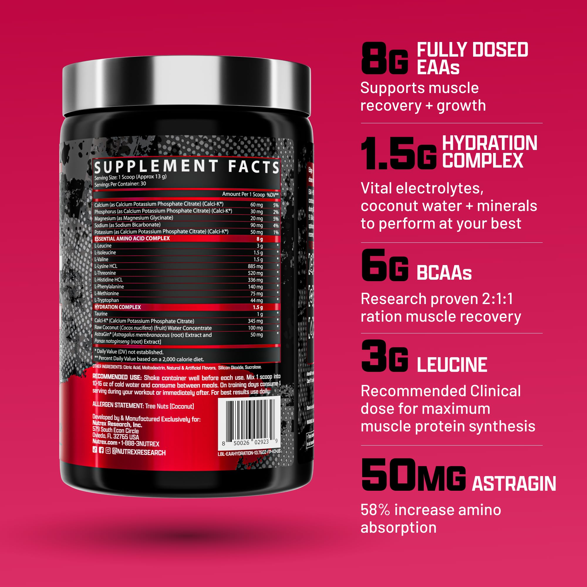 Nutrex Research EAA Hydration | EAAs + BCAAs Powder | Muscle Recovery, Strength, Muscle Building, Endurance | 8G Essential Amino Acids + Electrolytes | Apple Pear 30 Servings