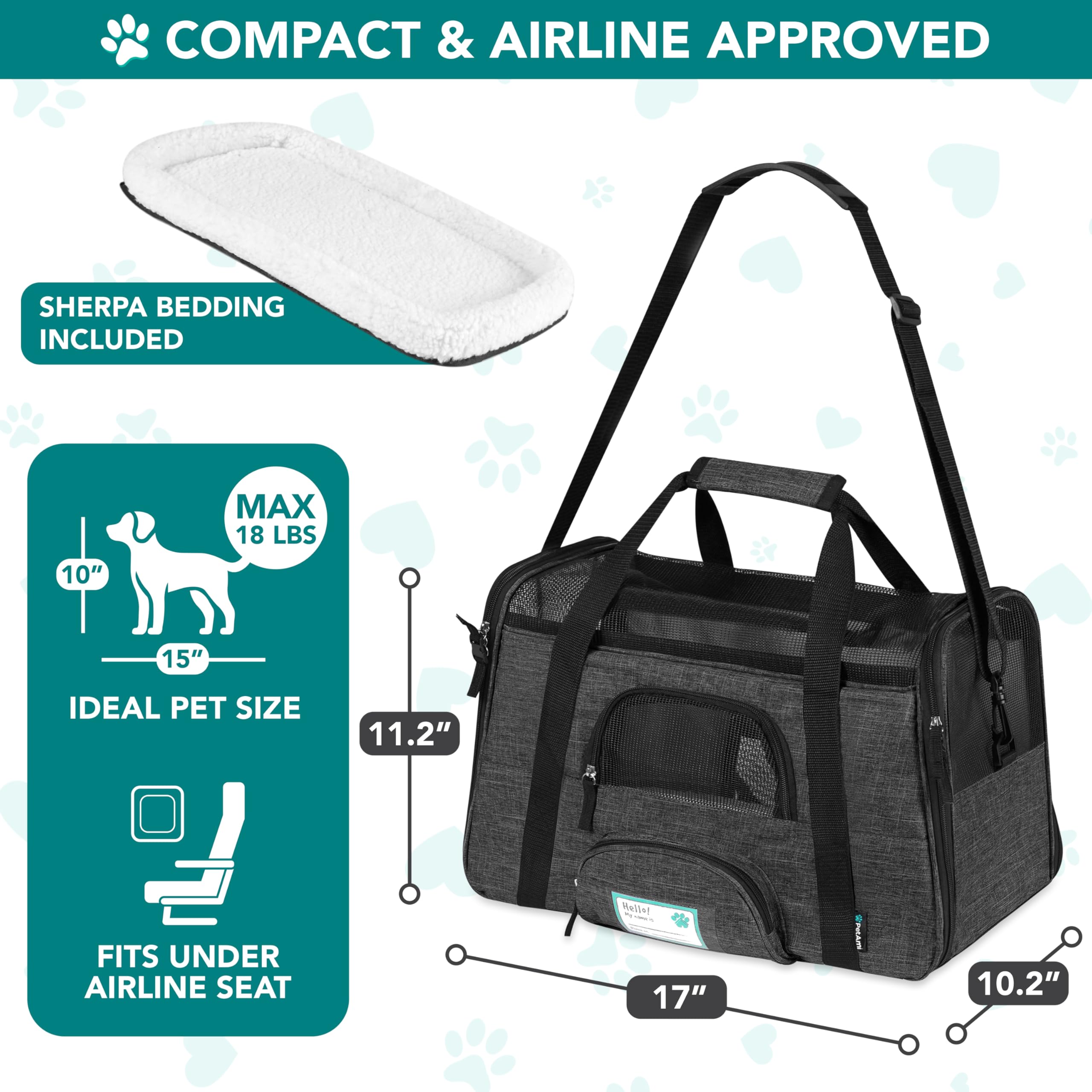PetAmi Airline Approved Pet Carrier for Cats & Small Dogs, Soft Sided TSA Travel Carrier Bag with Sherpa Bed, Breathable Mesh Ventilation, Collapsible Bowl, Fits Under Seat, Up to 18 lbs, Small Black