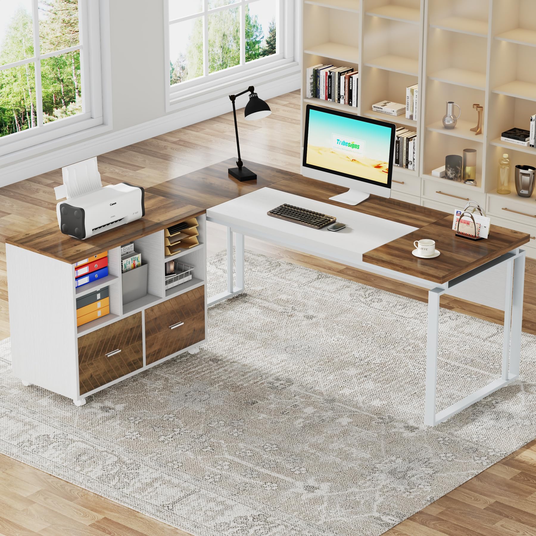 Tribesigns L-Shaped Executive Desk with Reversible File Cabinet, 63" Office Desk with Storage Drawers, L-Shaped Computer Desk with Drawer Cabinet for Hanging Letter Size Files (Gray & Black)