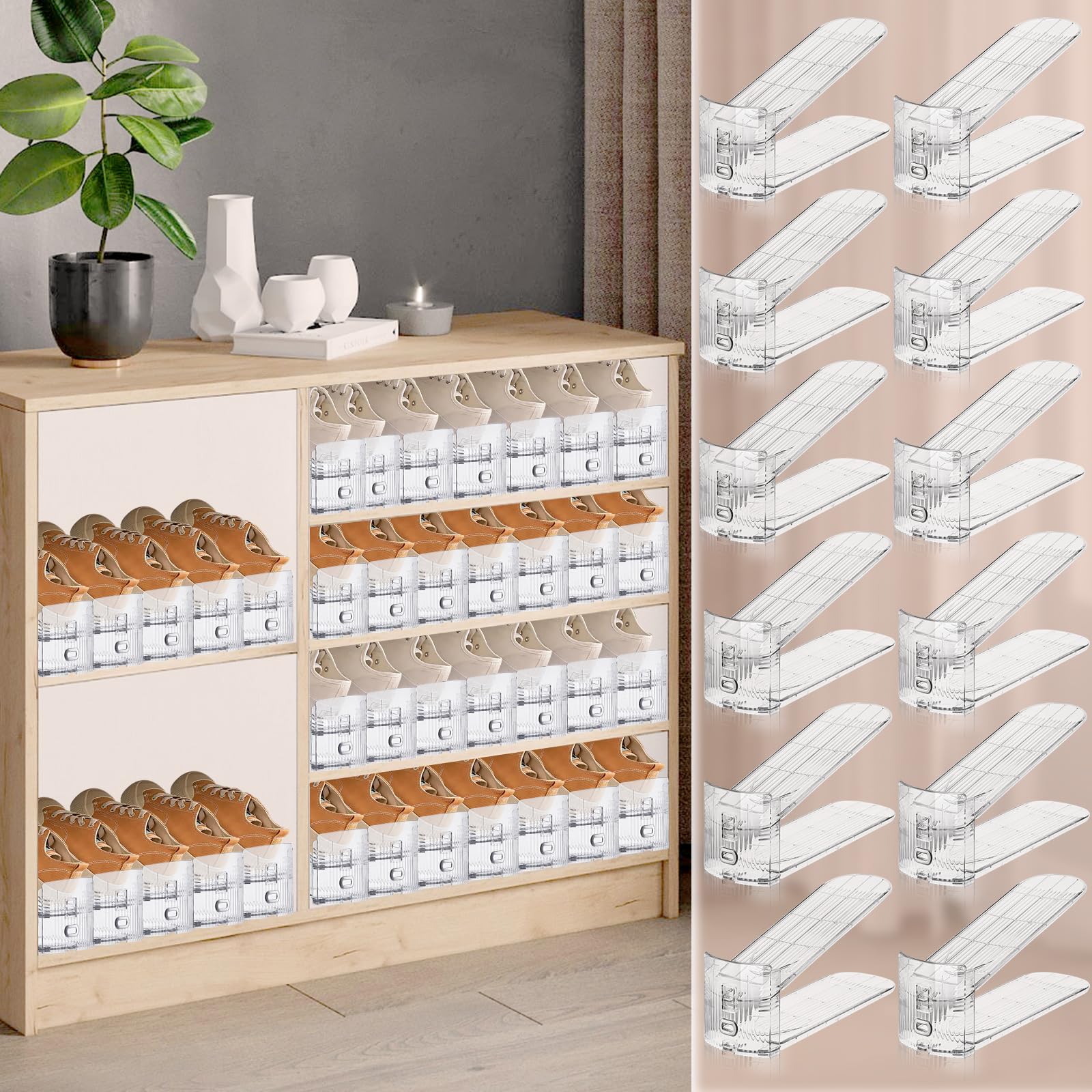 FENRUNXU Shoe Slots Organizer for Closet, Shoe Stacker Organizer Double Layer Stack Shoe Rack, Shoe Display Shelf 50% Space Saver Storage Holder for Closet, 12PACK