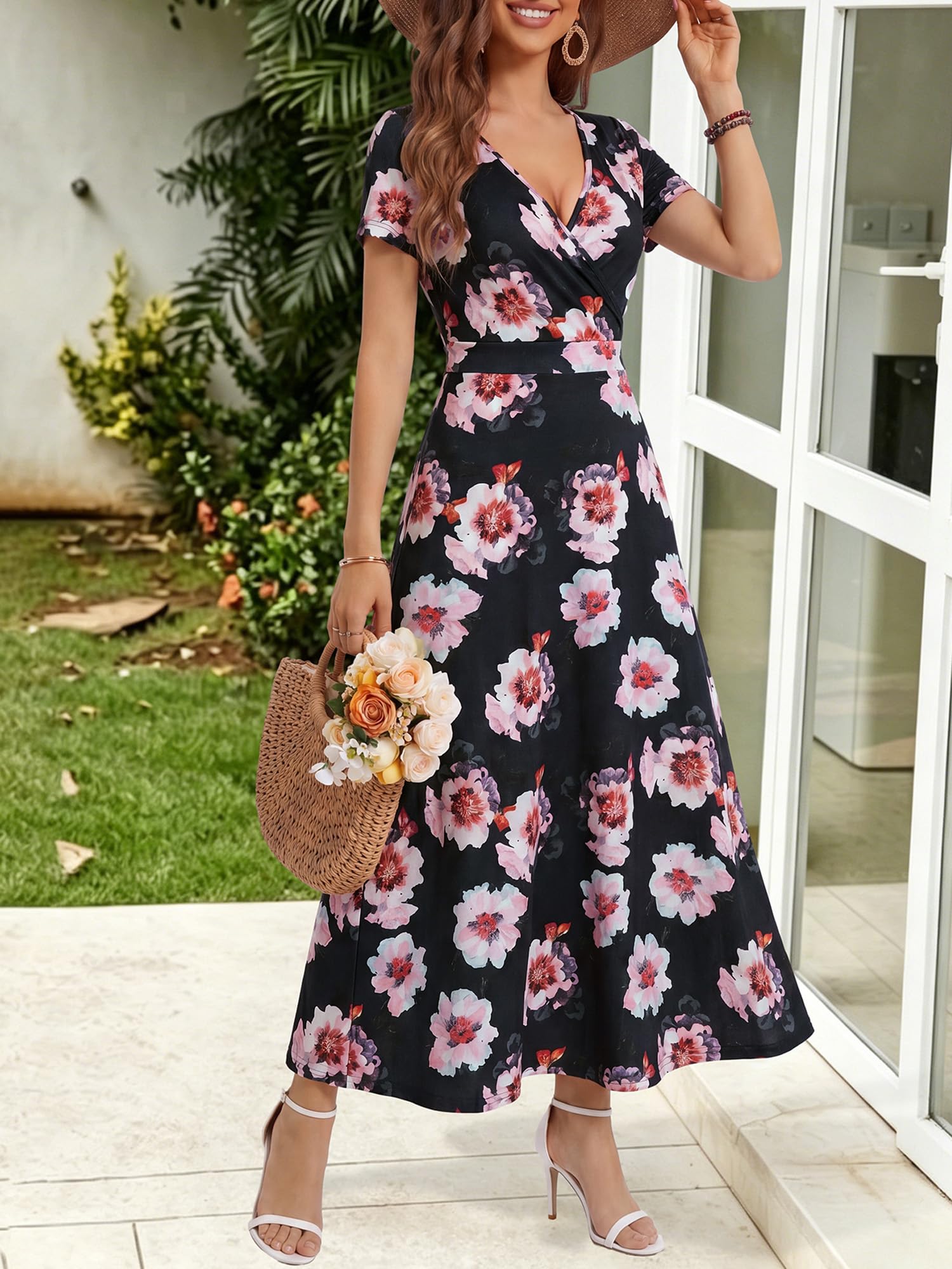 HUHOT Women's Short Sleeve Wrap V Neck Dresses for Wedding Guest Summer Floral Maxi Sundresses with Pockets Boho Dress