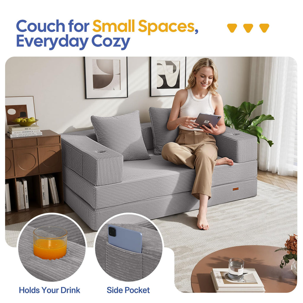 COMAX Futon Sofa Bed, 4‑in‑1 Convertible Sofa Bed, Folding Boneless Couches | Boneless Couch for living room, Fold Out Small Foldable Loveseat Floor Sleeper Mattress Lounge Space‑Saving, Ash Gray