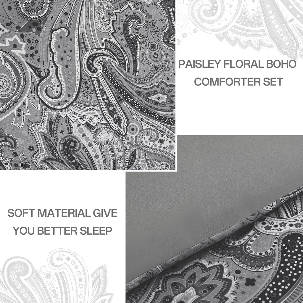 DJY Black Paisley Comforter Set Full Size 7 Piece Bed in a Bag Black and Grey Boho Paisley Pattern Comforter Set Soft Lightweight Microfiber Reversible Bedding Set for All Season
