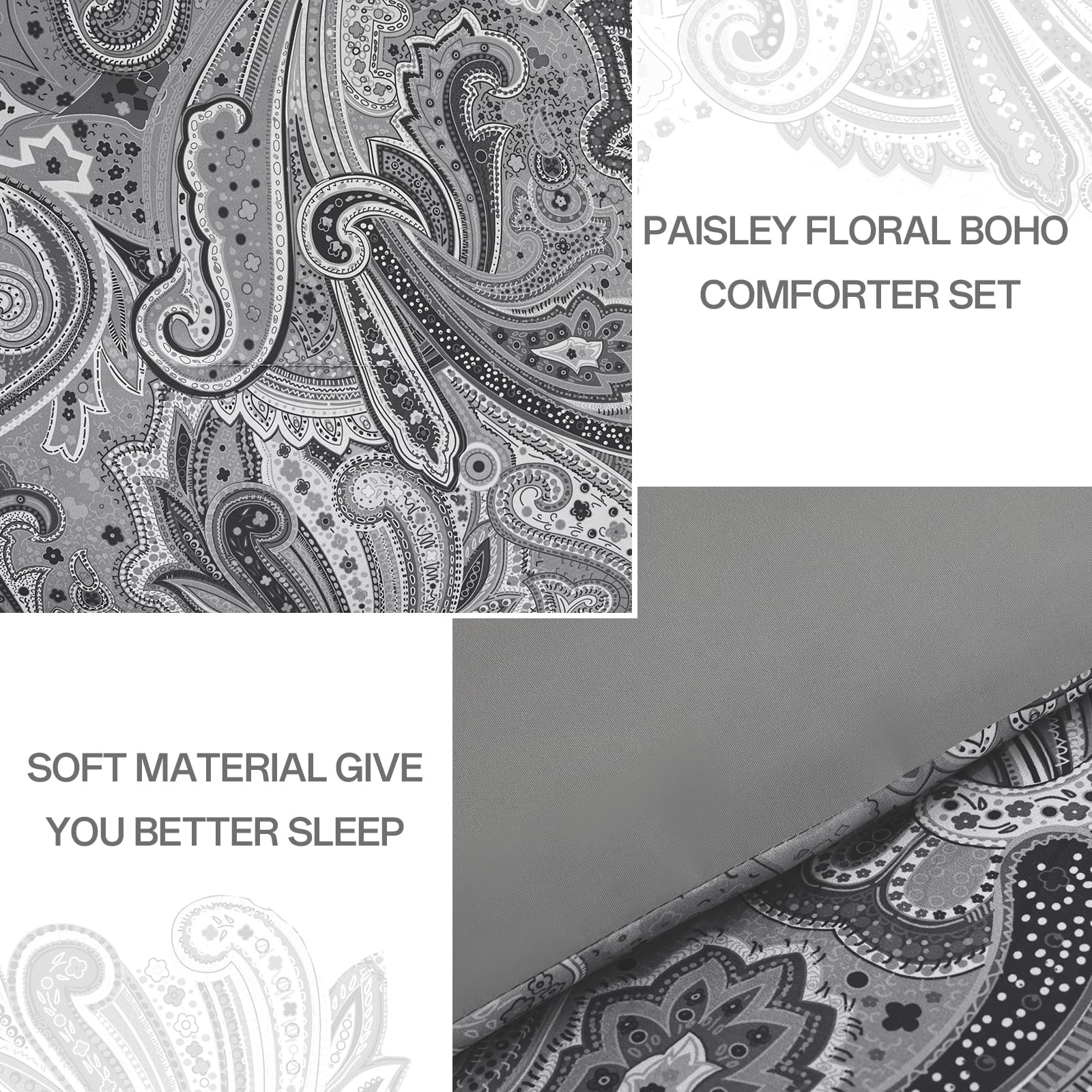 DJY Black Paisley Comforter Set Full Size 7 Piece Bed in a Bag Black and Grey Boho Paisley Pattern Comforter Set Soft Lightweight Microfiber Reversible Bedding Set for All Season