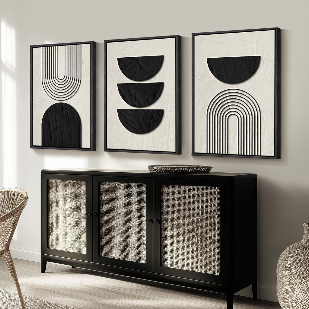 Framed Black and White Modern Abstract Wall Art, 3 Piece Canvas Prints Paintings Artwork for Walls, Minimalist Black White Grey Pictures for Living Room Dining Room Bedroom Office Wall Decor 16x24 In