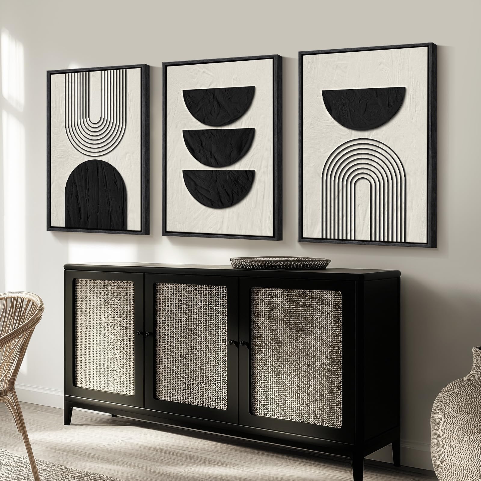 Framed Black and White Modern Abstract Wall Art, 3 Piece Canvas Prints Paintings Artwork for Walls, Minimalist Black White Grey Pictures for Living Room Dining Room Bedroom Office Wall Decor 16x24 In