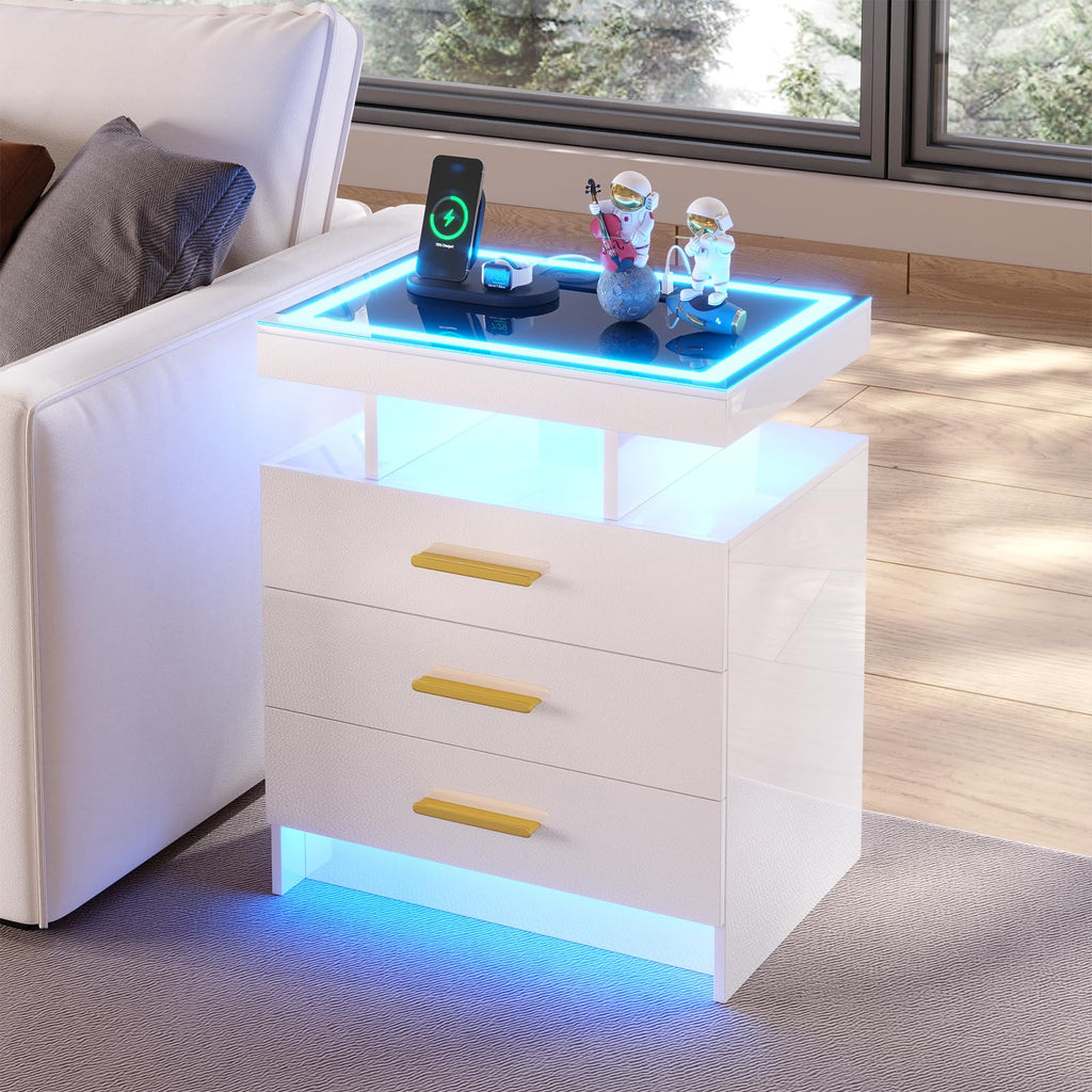 HNEBC LED Nightstand with Charging Station,Smart Bedside Table with Motion Sensor Lights,3 Drawers,Tempered Glass Top,High Gloss End Table with 3 Color Lights for Bedroom, Living Room,Office-Black
