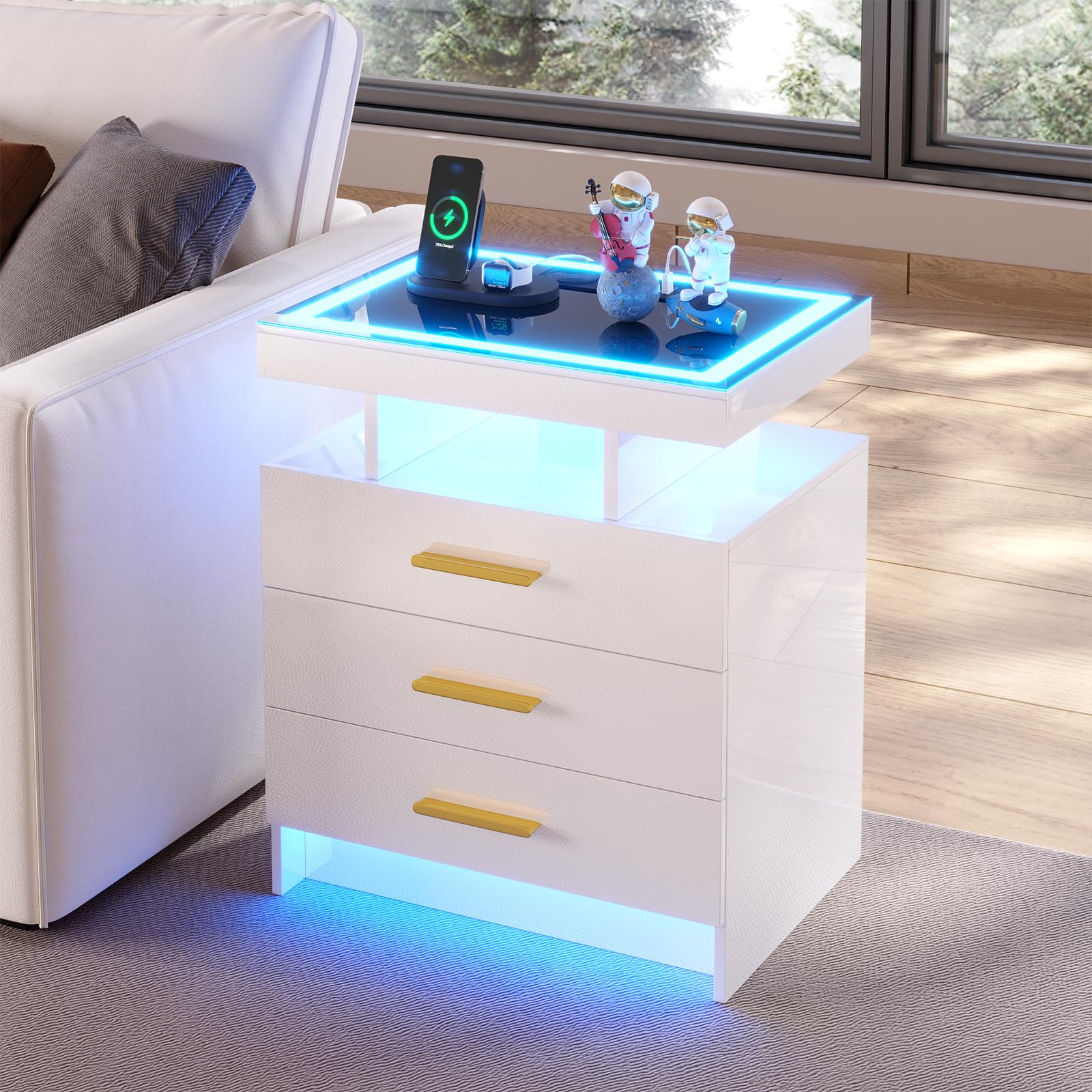 HNEBC LED Nightstand with Charging Station,Smart Bedside Table with Motion Sensor Lights,3 Drawers,Tempered Glass Top,High Gloss End Table with 3 Color Lights for Bedroom, Living Room,Office-Black