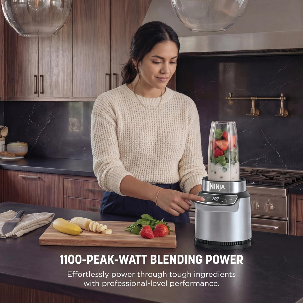 Ninja Nutri-Plus Personal Blender | Compact Push to Blend | Make Frozen Drinks, Smoothies, Sauces & More | With (3) 20 oz. To-Go Cups, (2) Spout-Lids & (1) Storage-Lid | 900 Peak Watt | Silver | BN301