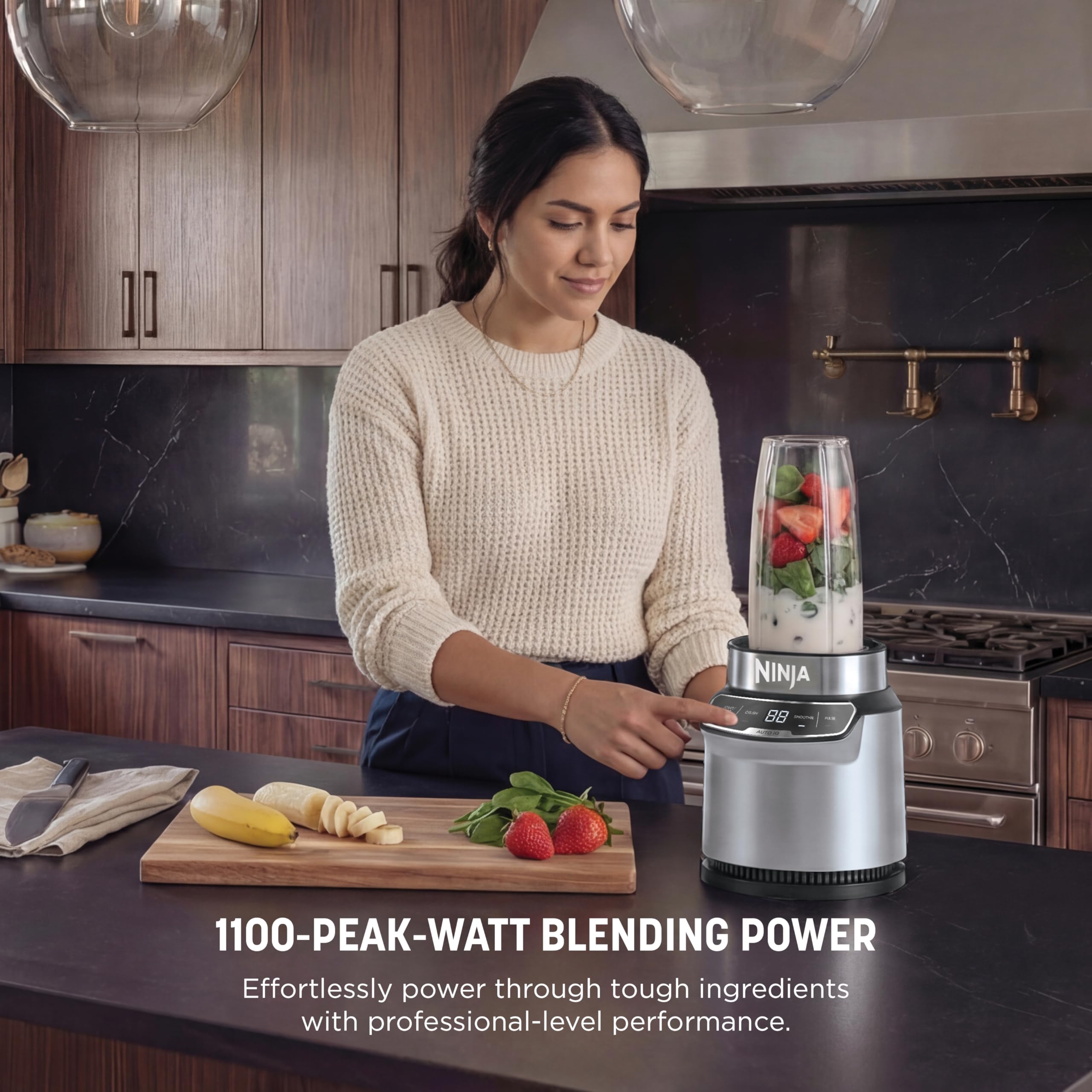 Ninja Nutri-Plus Personal Blender | Compact Push to Blend | Make Frozen Drinks, Smoothies, Sauces & More | With (3) 20 oz. To-Go Cups, (2) Spout-Lids & (1) Storage-Lid | 900 Peak Watt | Silver | BN301