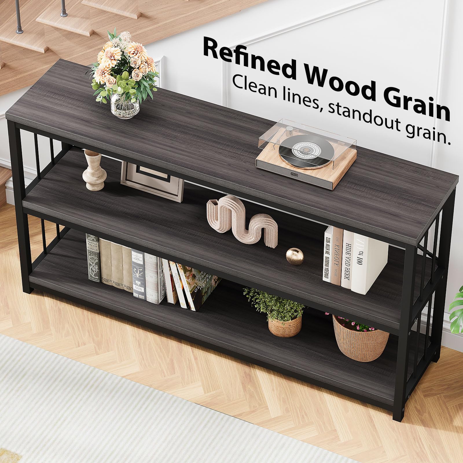 LVB Black Console Table, Modern Entryway Table for Hallway Living Room, Industrial Sofa Table Behind Couch, Farmhouse Wooden Metal Entry Table for Foyer with 3-Tier Storage Shelves, Black Oak, 55 Inch