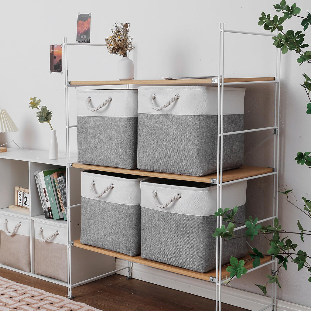 MidmmVick 13 x 13 Inch Cube Storage Bins, 6 Pack Extra Large Collapsible Fabric Storage Bin with Ropes, Foldable Storage Cubes for Home (White & Beige-13"x13"x13")