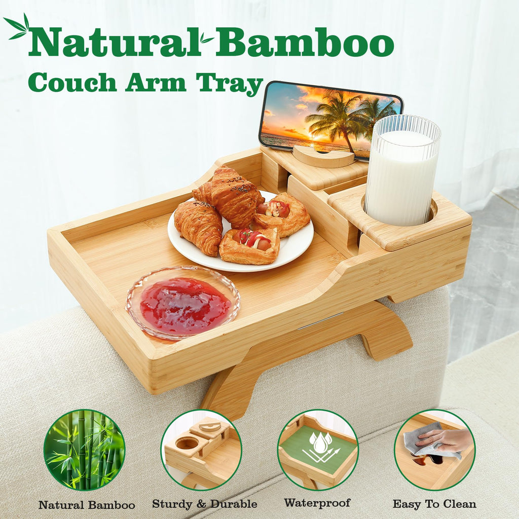 GHKINMAL Couch Cup Holder Tray, 15.4"x9.9" Large 4 in 1 Couch Arm Tray with 360°Rotated Phone Holder, Non-Slip Clip on Side Table for Drinks/Remote/Snacks, Ideal Gift for Husband, Wife, Parents
